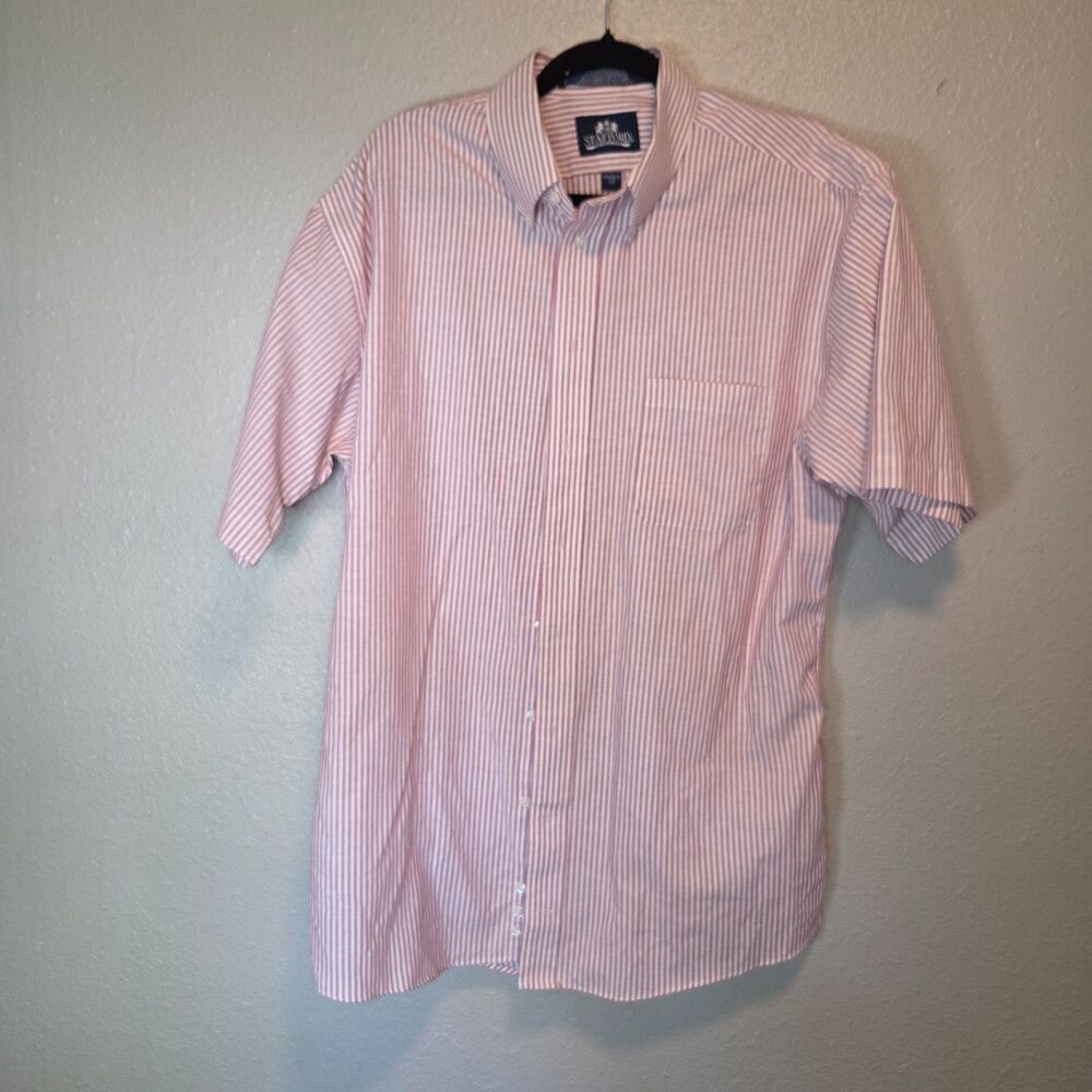 Stafford Pink & White Striped Short Sleeve Oxford Shirt - Athletic Fit